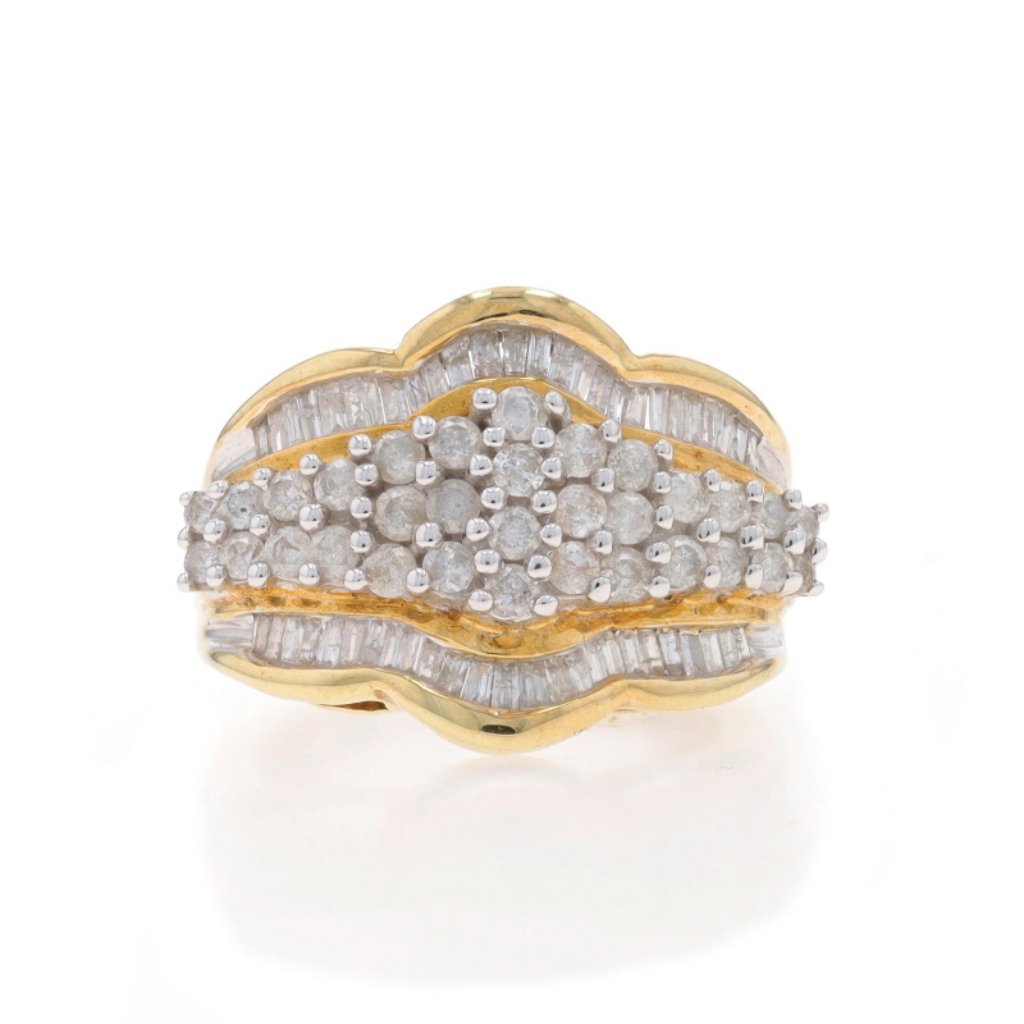Yellow Gold Diamond Cluster Cocktail Ring 10k Round Brilliant  Baguette 130ctw
